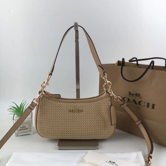 COACH Teri 2way Shoulder Bag Crossbody Straw/Leather Latte CR350 - Picture 1 of 6
